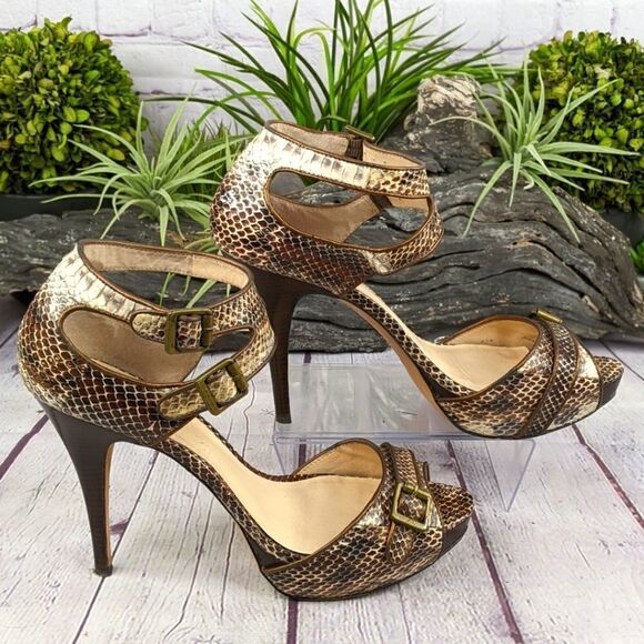 Pelle Moda Vicious Brown Multi Snake / Metallic Kid Ankle Strap Sandal Heels - Picture 1 of 8